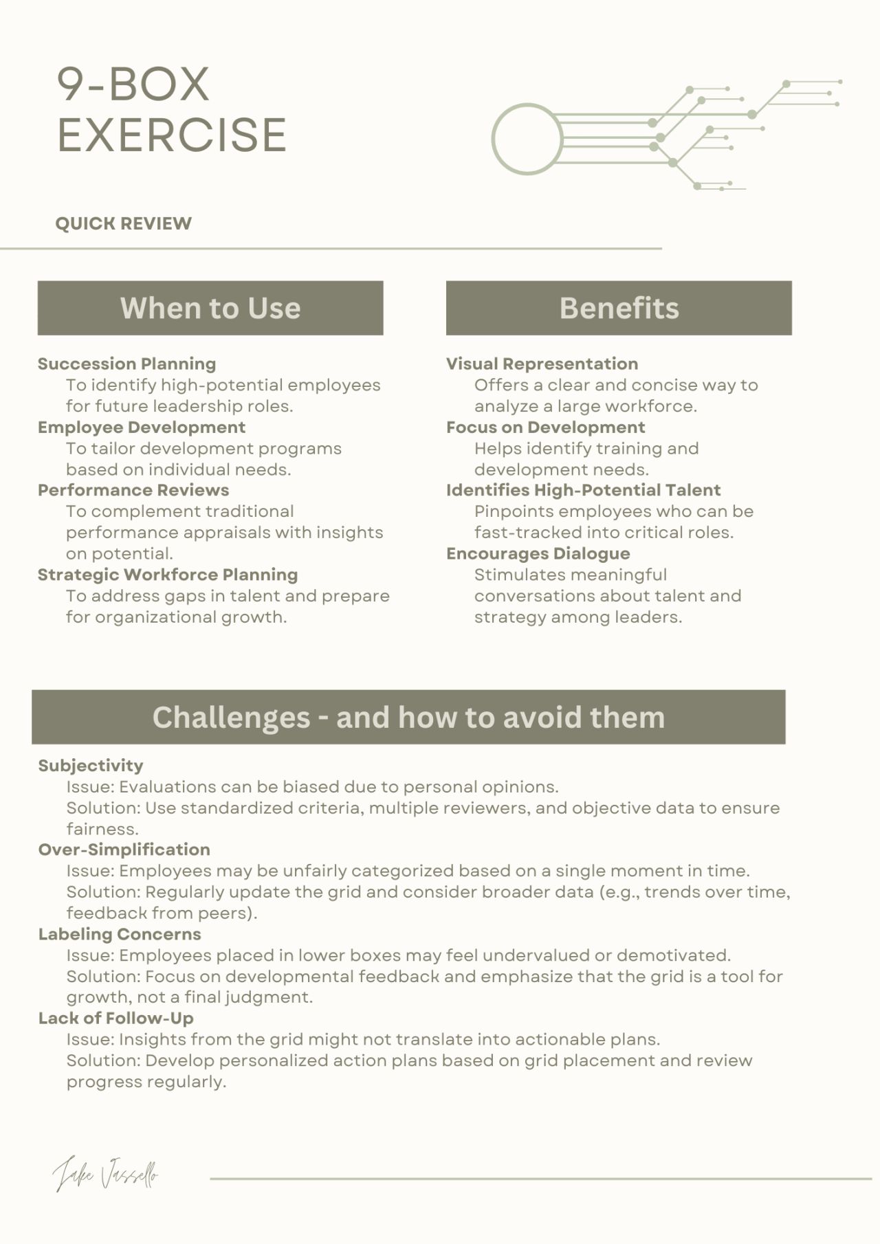 9-box exercise guide covering when to use it, benefits, and challenges including subjectivity, over-simplification, labeling concerns, and lack of follow-up