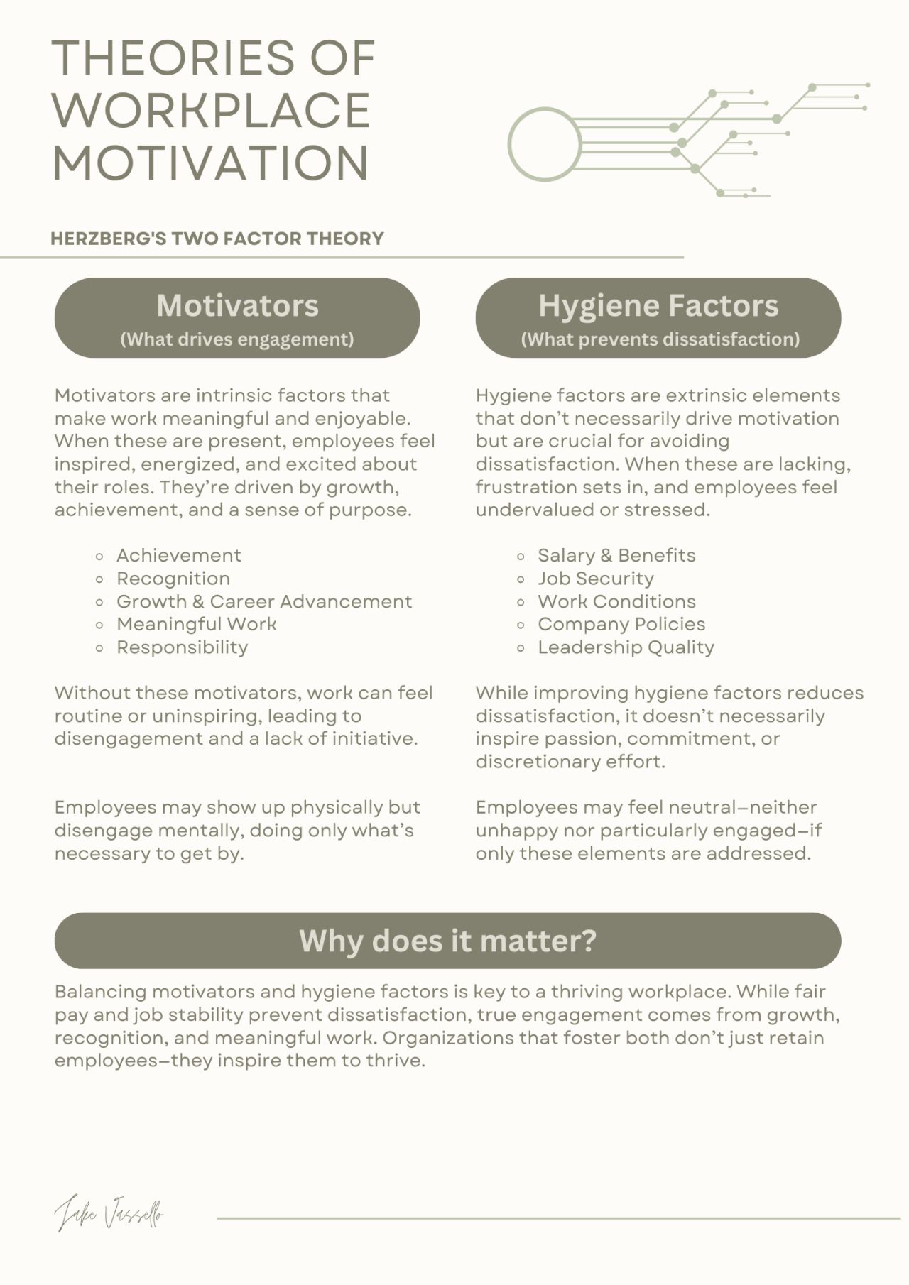 Herzberg's Two Factor Theory showing motivators (achievement, recognition, growth, meaningful work, responsibility) versus hygiene factors (salary, job security, work conditions, company policies, leadership quality)