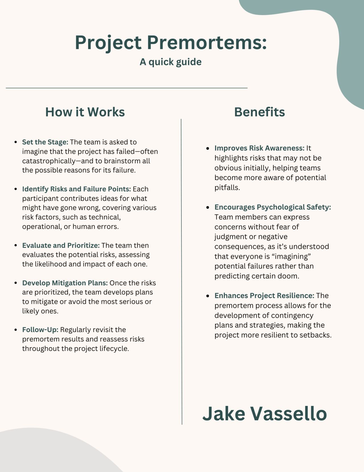 Project premortem guide covering how it works and the benefits including improved risk awareness, psychological safety, and project resilience