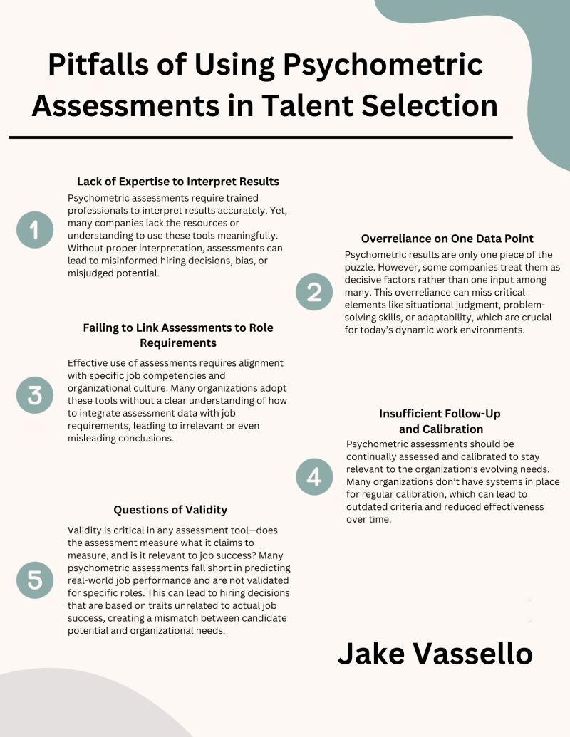 Guide to pitfalls of psychometric assessments: lack of expertise, overreliance on one data point, failing to link to role requirements, insufficient calibration, and questions of validity